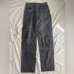 American Eagle 6 Extra Long Super High Waisted Black Baggy Straight Cargo Jeans